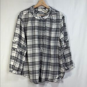 🧮 nwt Dylan Reese white blue plaid Blouse long sleeve ruffled mandarin collar